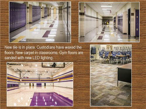 Four photos of new tile in place. Custodians have waxed the floors. New carpet is in classrooms. Gym floors are sanded. 